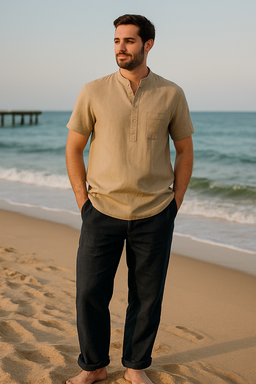 Sartelio Men’s Beige Linen Henley Shirt – Short Sleeve, Mandarin Collar, Coastal Fit