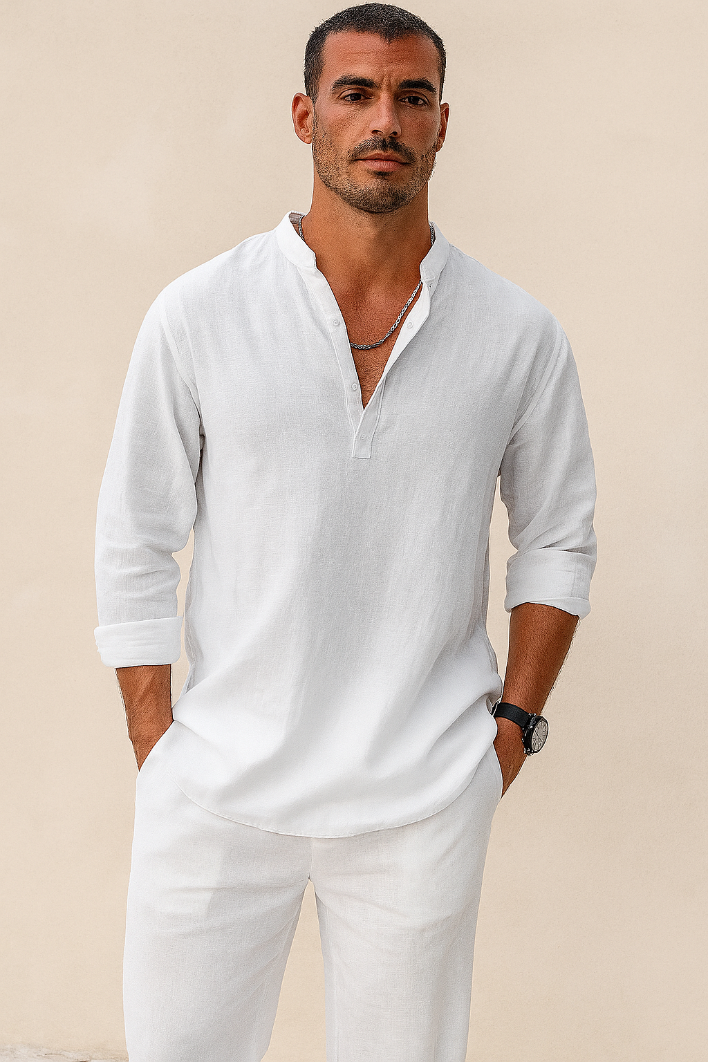 Sartelio Men’s White Linen Shirt – Lightweight, Collarless Henley, Relaxed Summer Fit